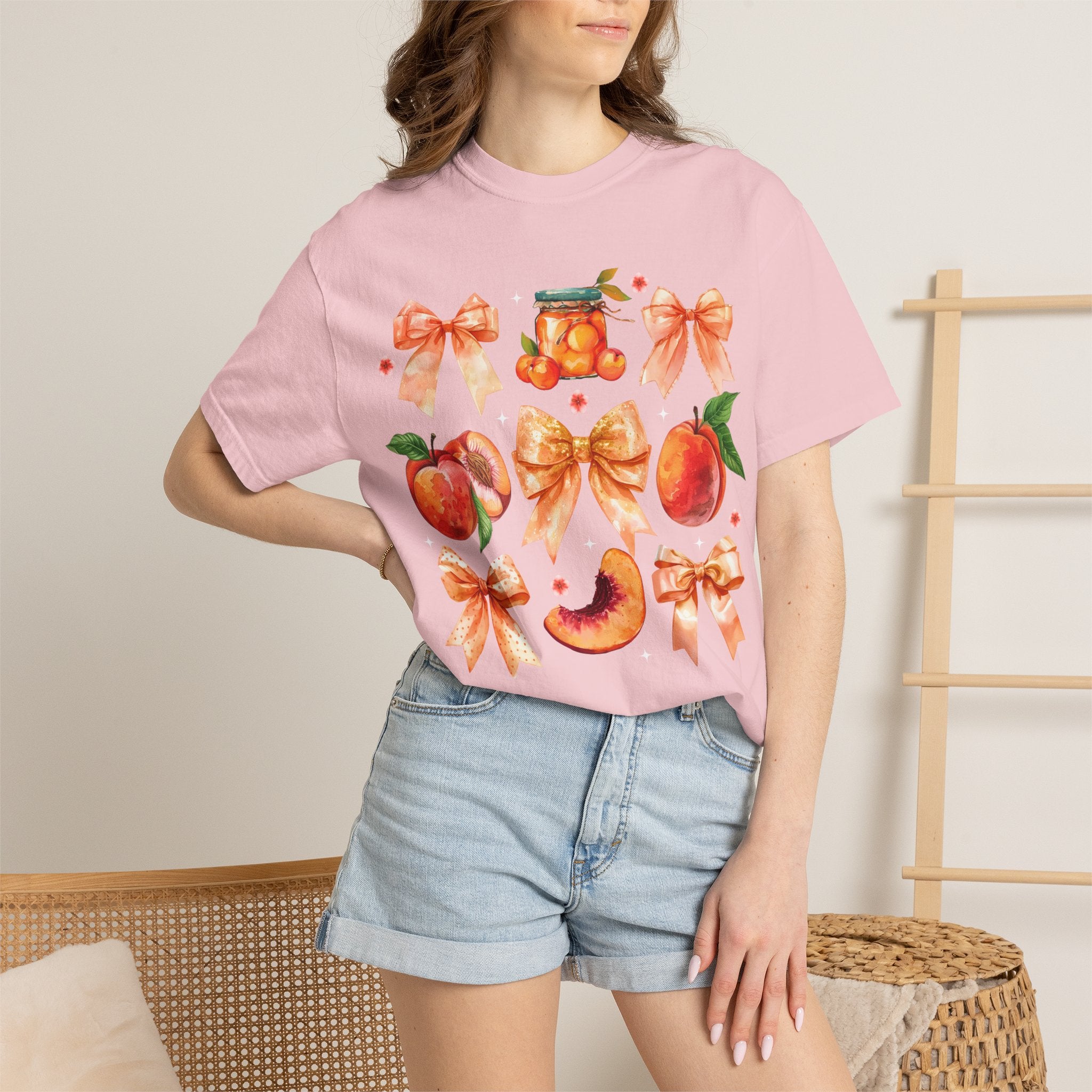 Peach & Bow Graphic T-Shirt — Watercolor Fruit Design