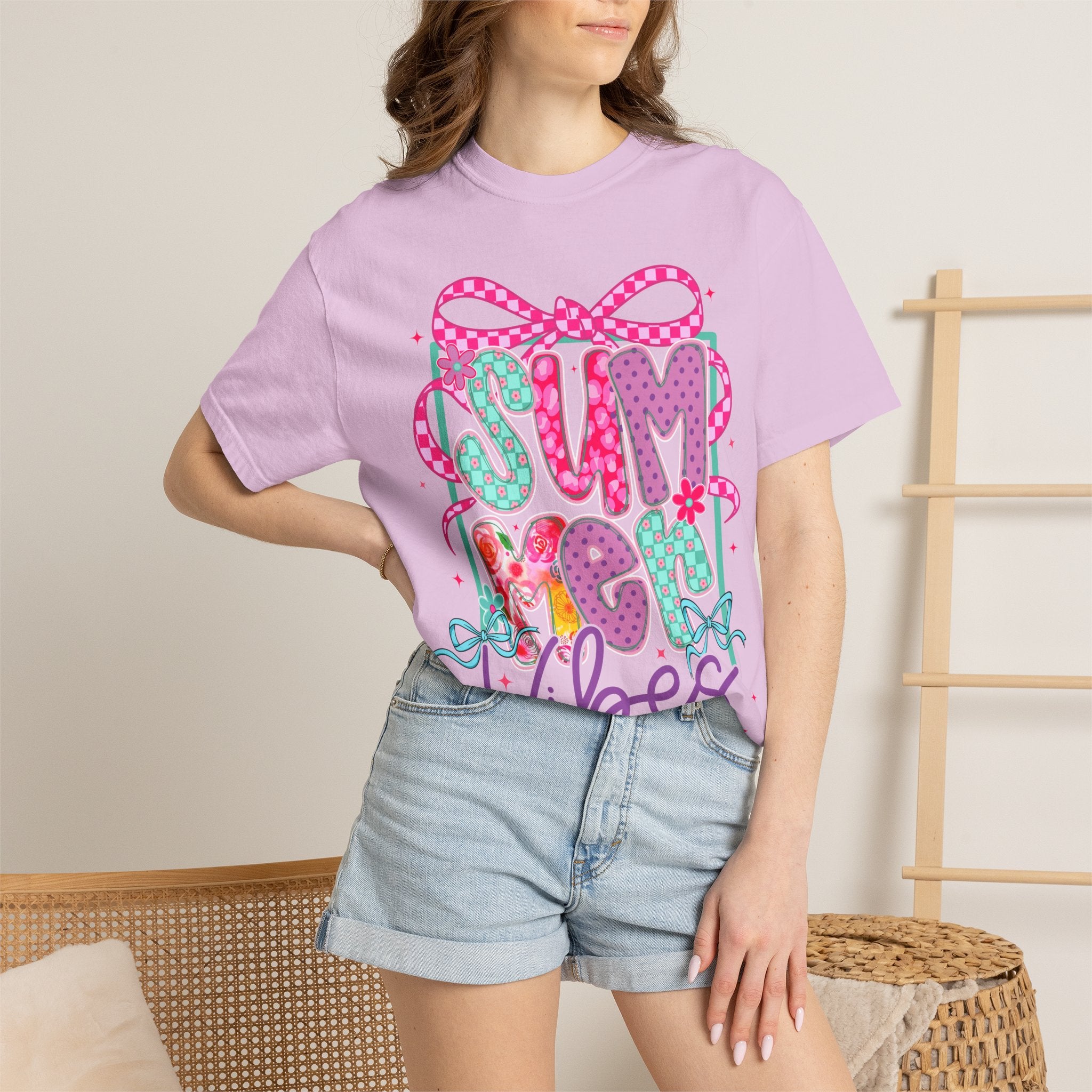 Summertime Vibes T-shirt | Colorful Floral Lettering, Bow & Ribbons