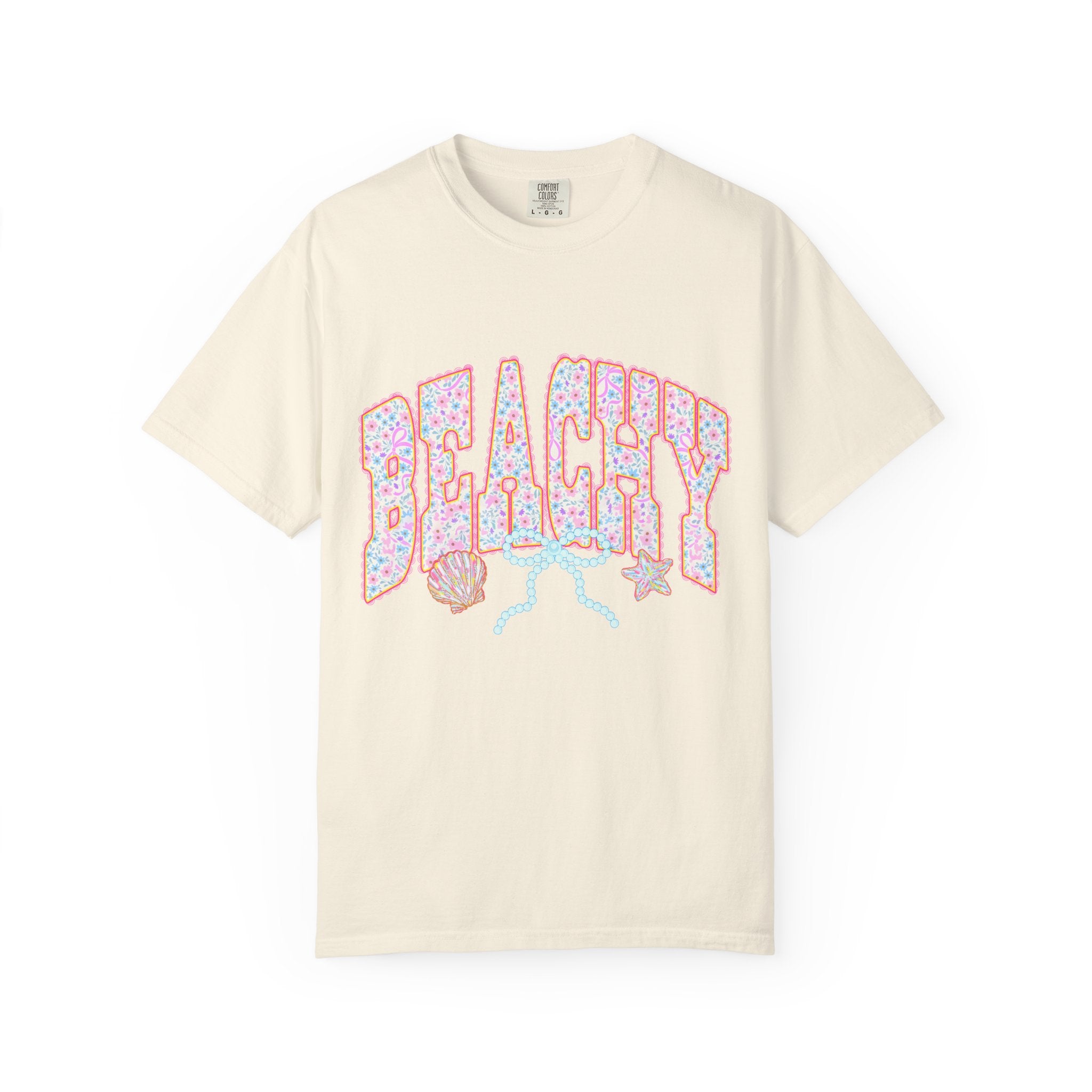 Beachy Floral Text T-Shirt | Seashells, Starfish, Pastel Retro Letters
