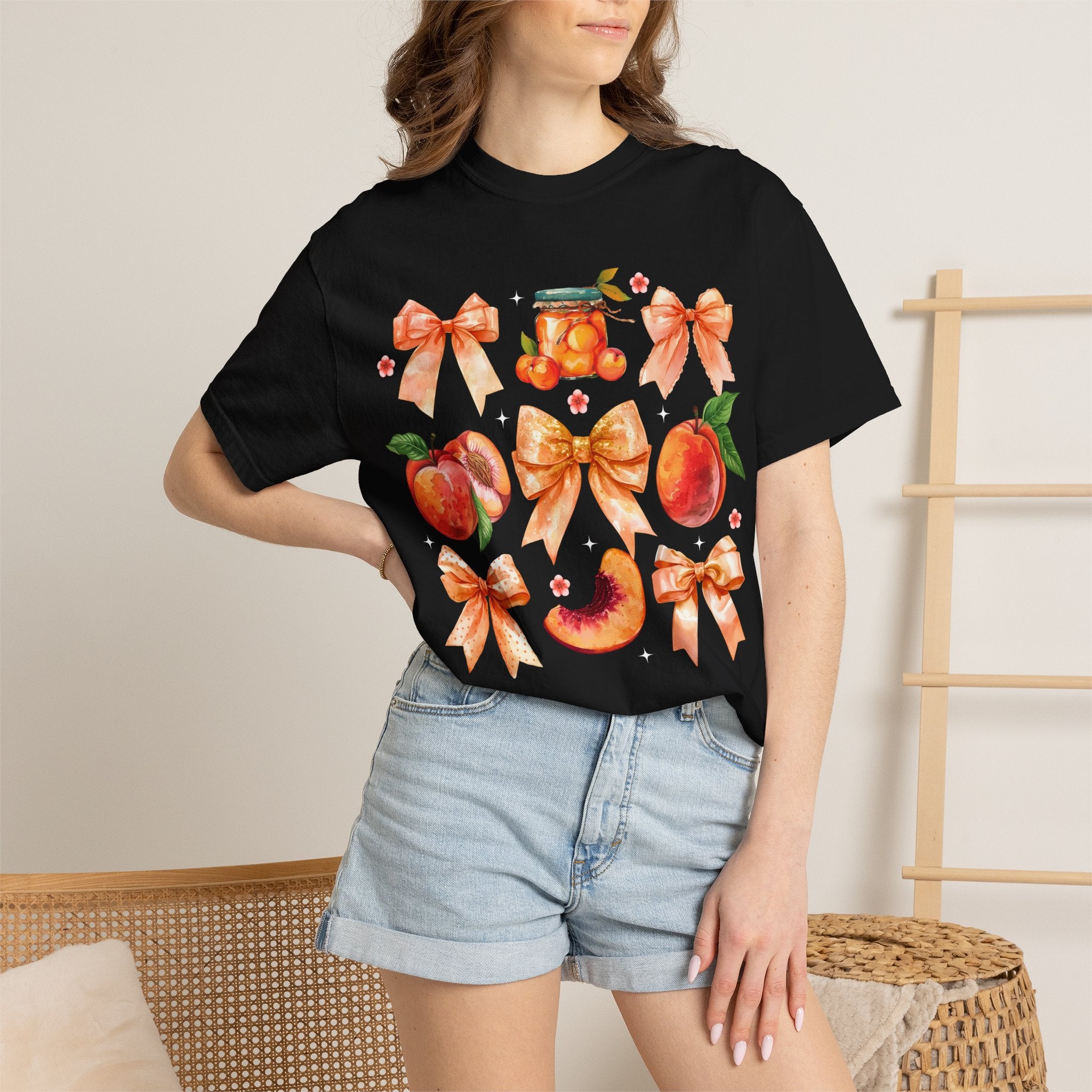 Peach & Bow Graphic T-Shirt — Watercolor Fruit Design