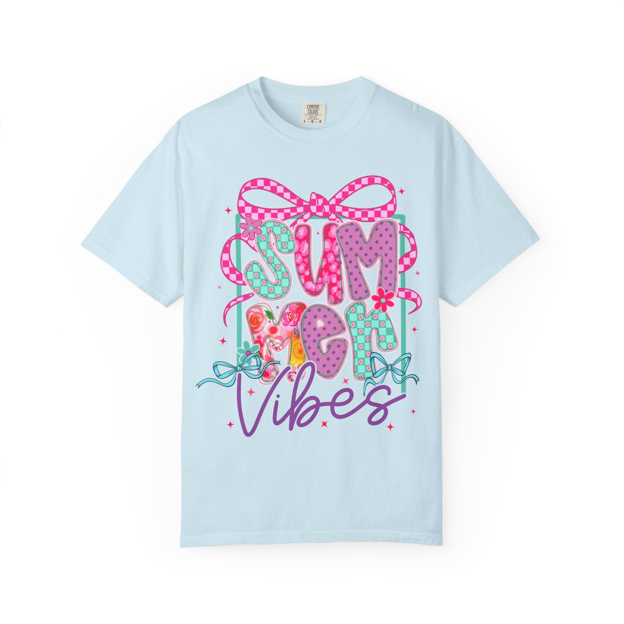 Summertime Vibes T-shirt | Colorful Floral Lettering, Bow & Ribbons
