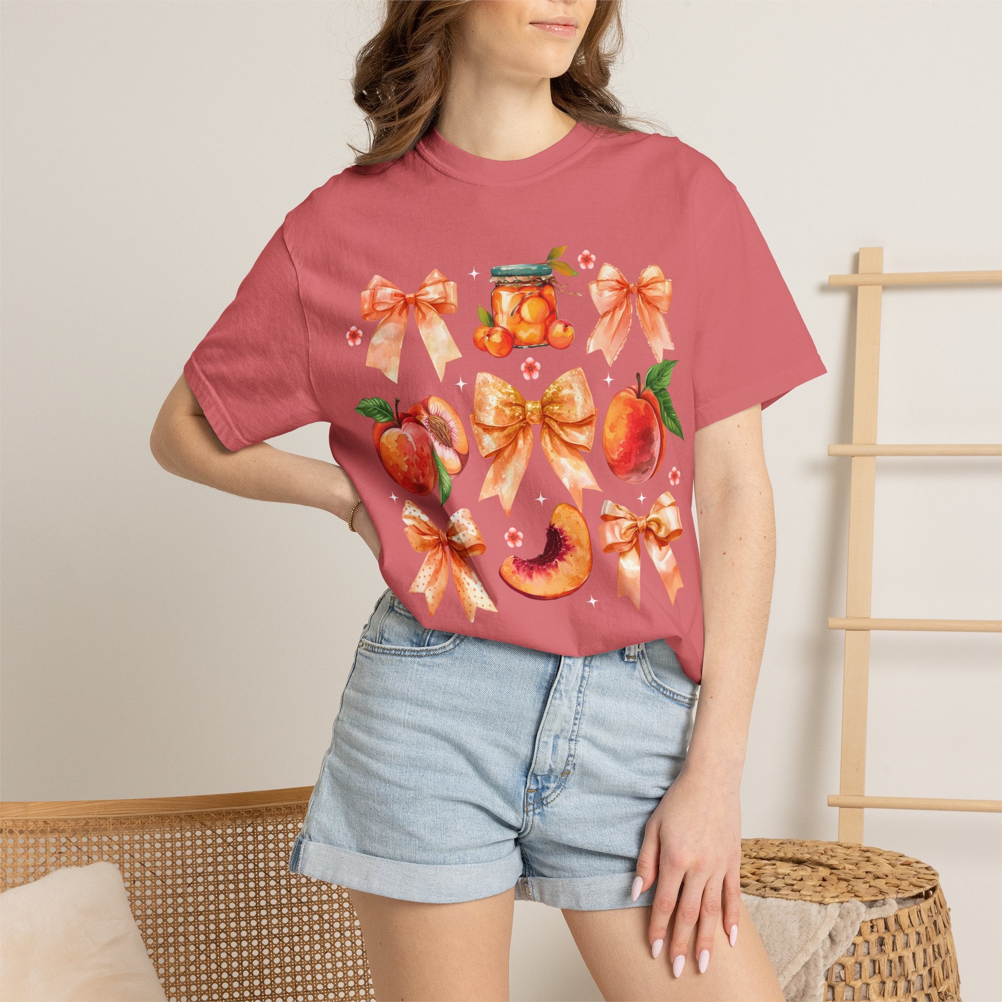 Peach & Bow Graphic T-Shirt — Watercolor Fruit Design