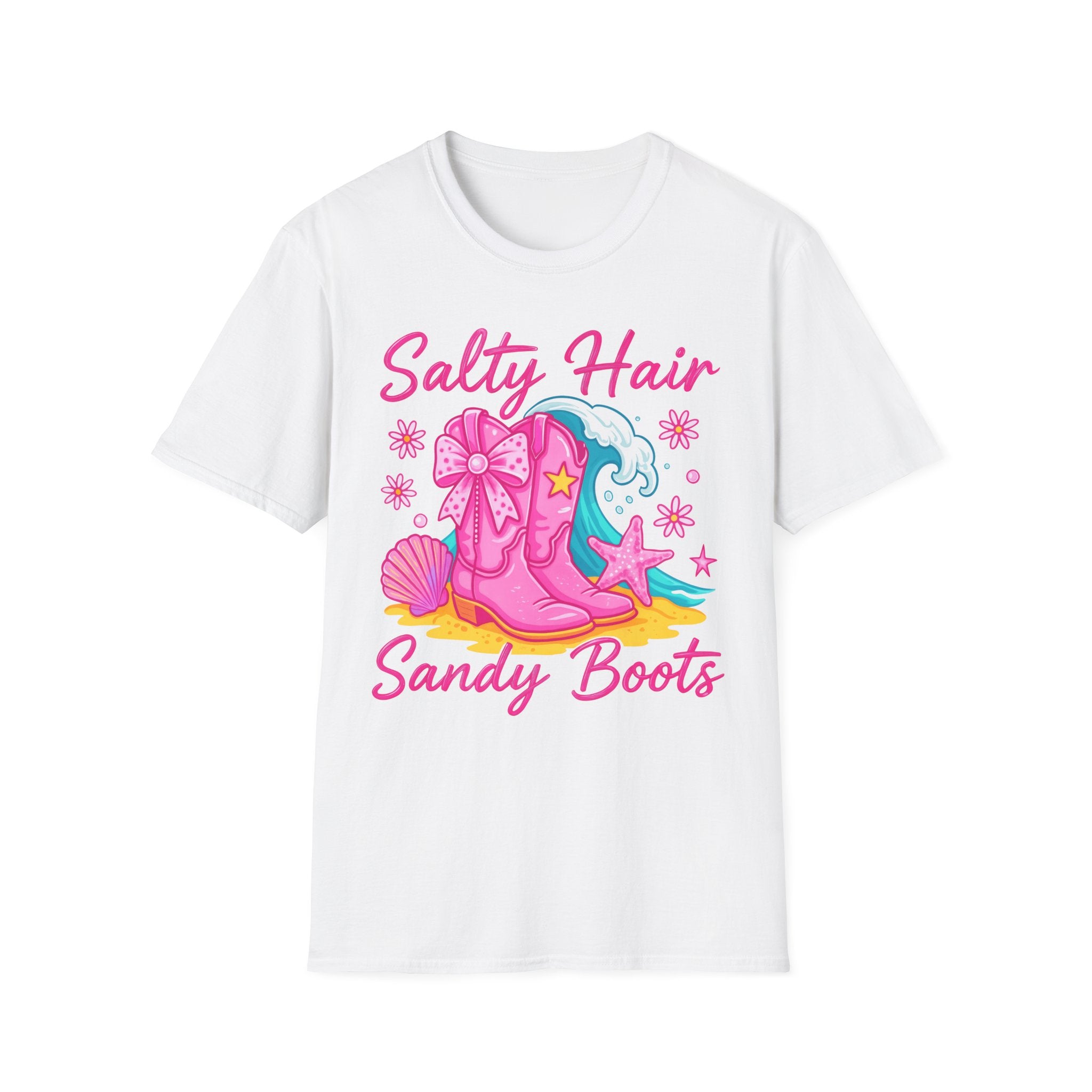Salty Hair Sandy Boots T-Shirt | Pink Cowgirl Boots Beach Stars Seashells