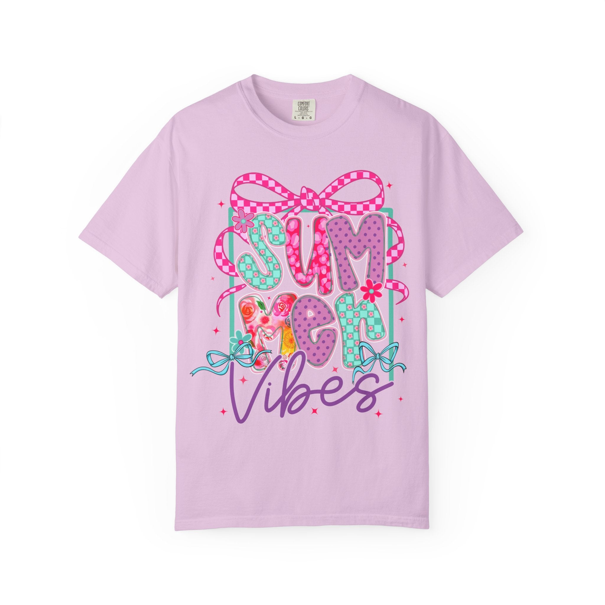 Summertime Vibes T-shirt | Colorful Floral Lettering, Bow & Ribbons