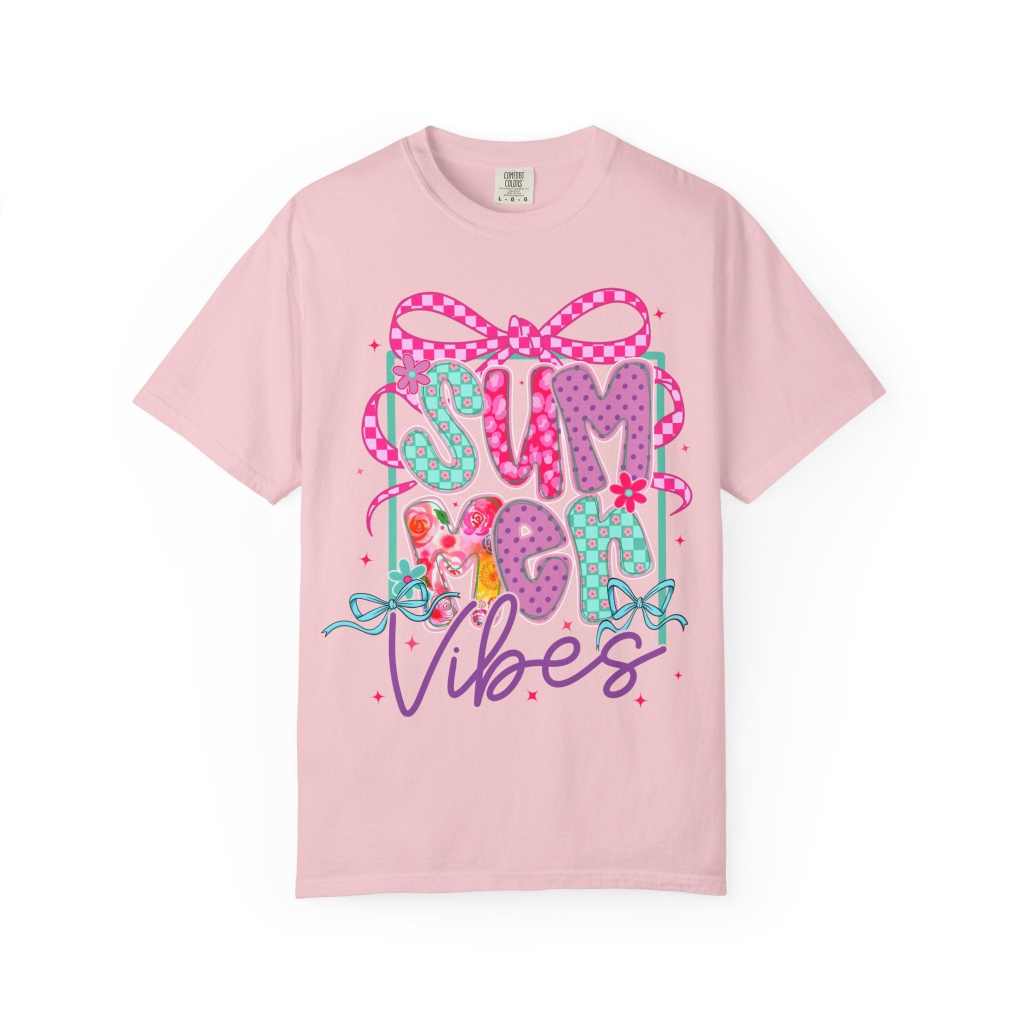 Summertime Vibes T-shirt | Colorful Floral Lettering, Bow & Ribbons