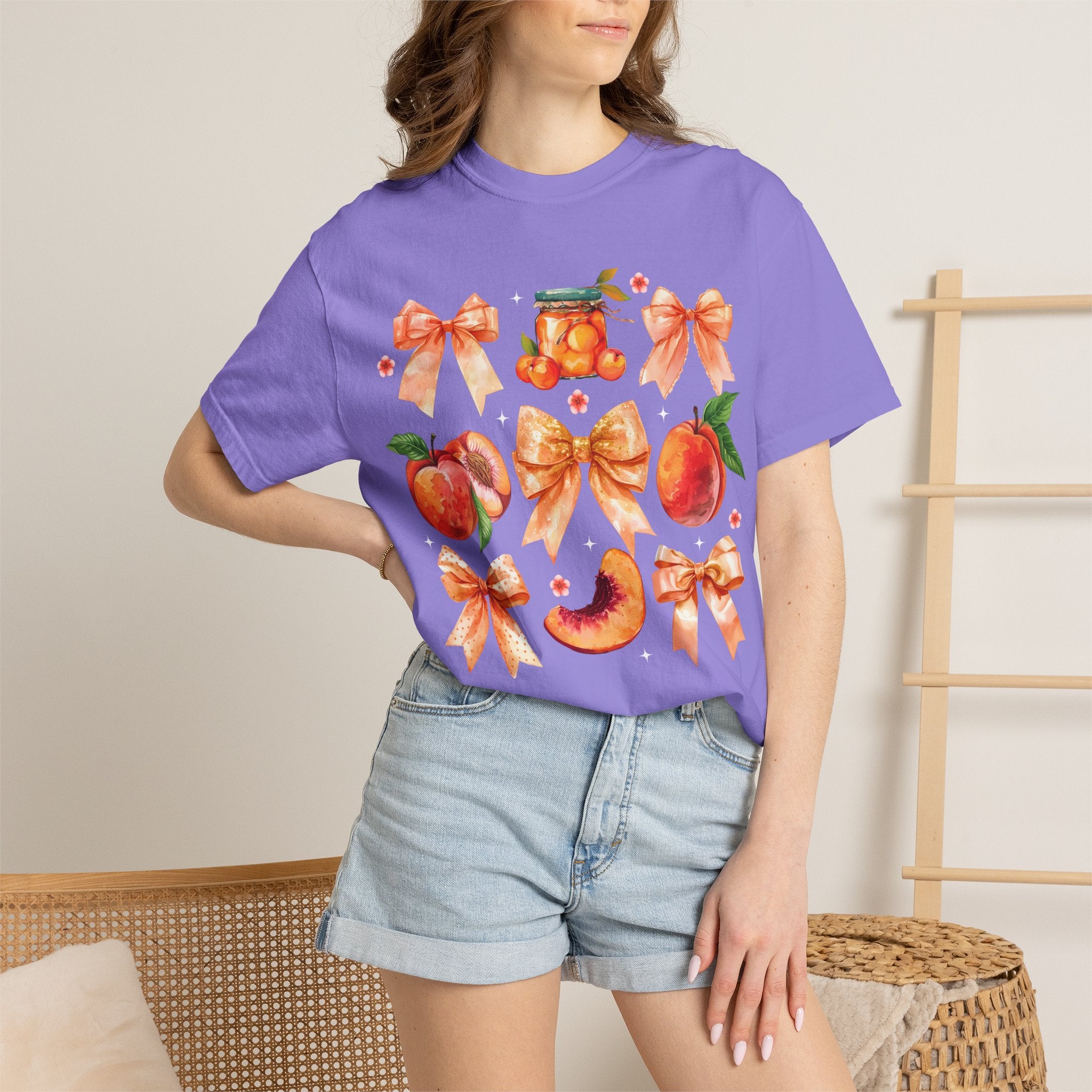 Peach & Bow Graphic T-Shirt — Watercolor Fruit Design