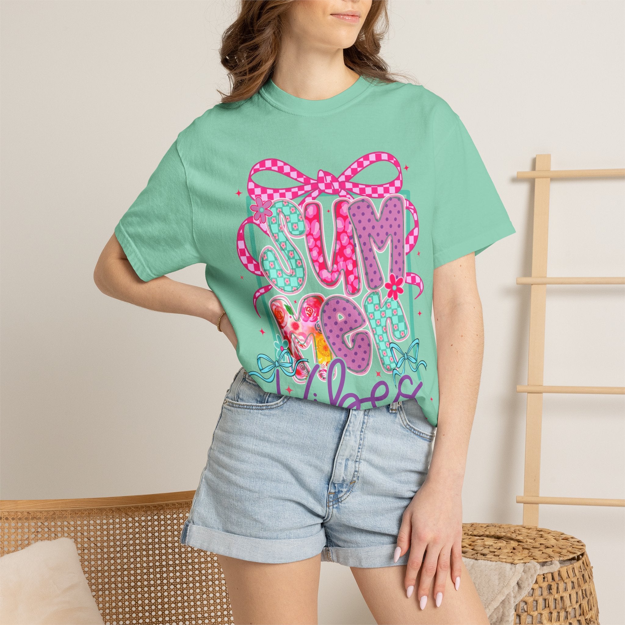 Summertime Vibes T-shirt | Colorful Floral Lettering, Bow & Ribbons