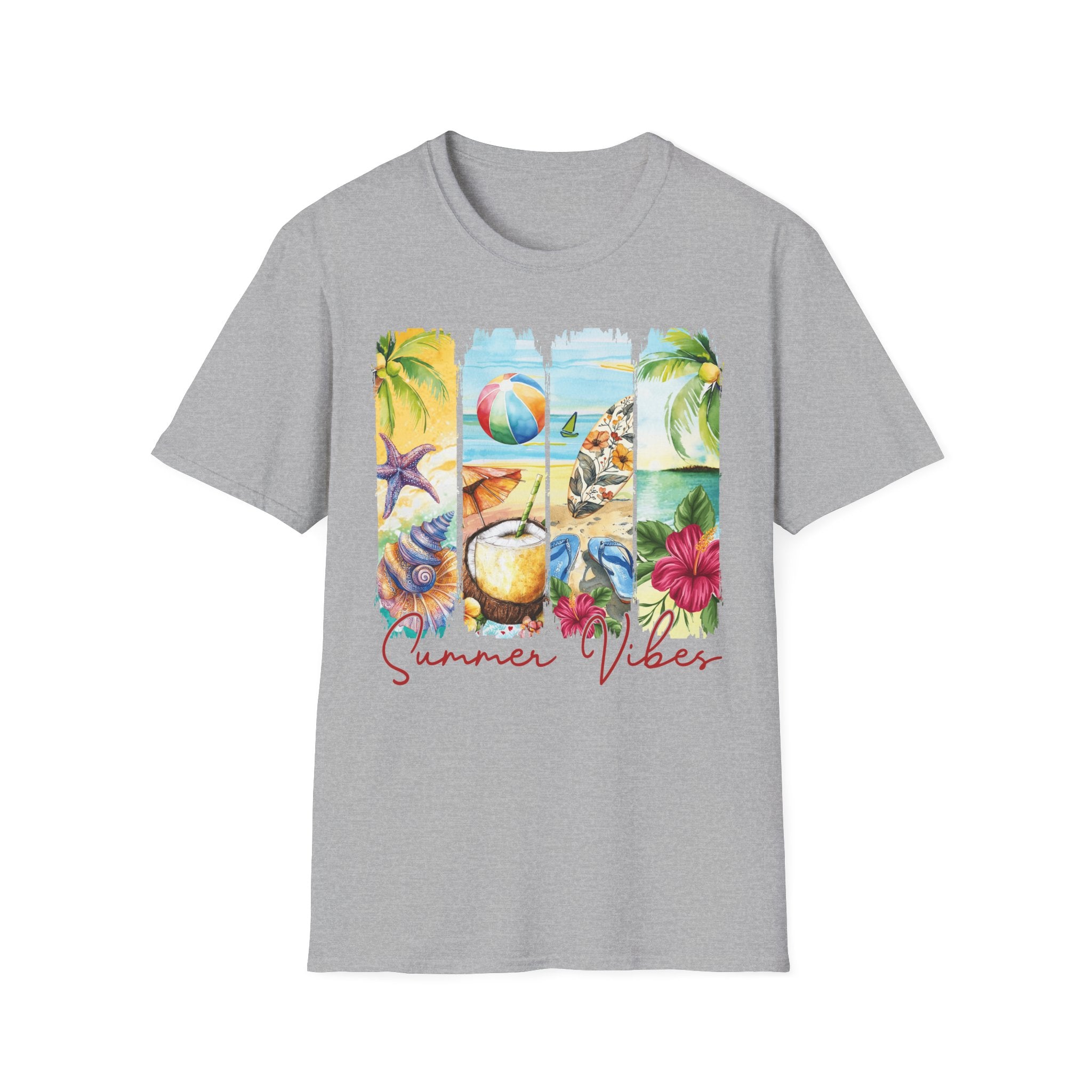 Summer Vibes Tropical Collage T-Shirt | Beach Ball, Seashells, Hibiscus