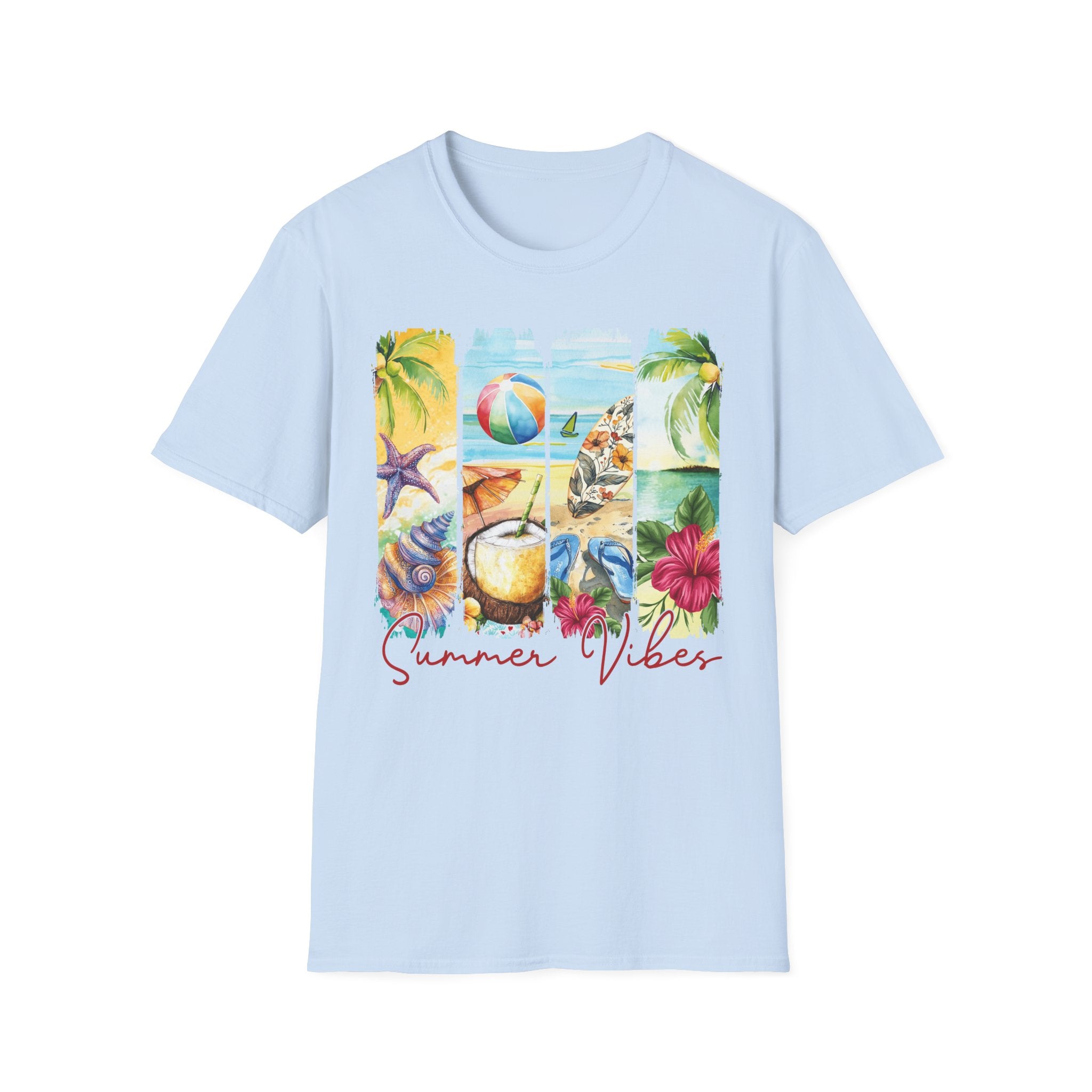 Summer Vibes Tropical Collage T-Shirt | Beach Ball, Seashells, Hibiscus
