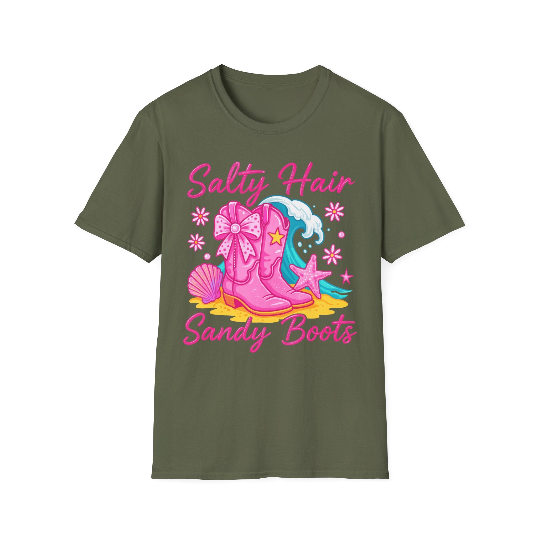 Salty Hair Sandy Boots T-Shirt | Pink Cowgirl Boots Beach Stars Seashells