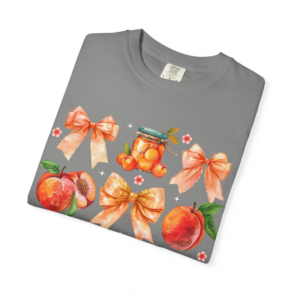 Peach & Bow Graphic T-Shirt — Watercolor Fruit Design