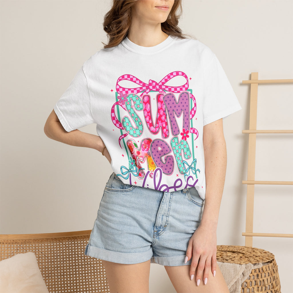 Summertime Vibes T-shirt | Colorful Floral Lettering, Bow & Ribbons