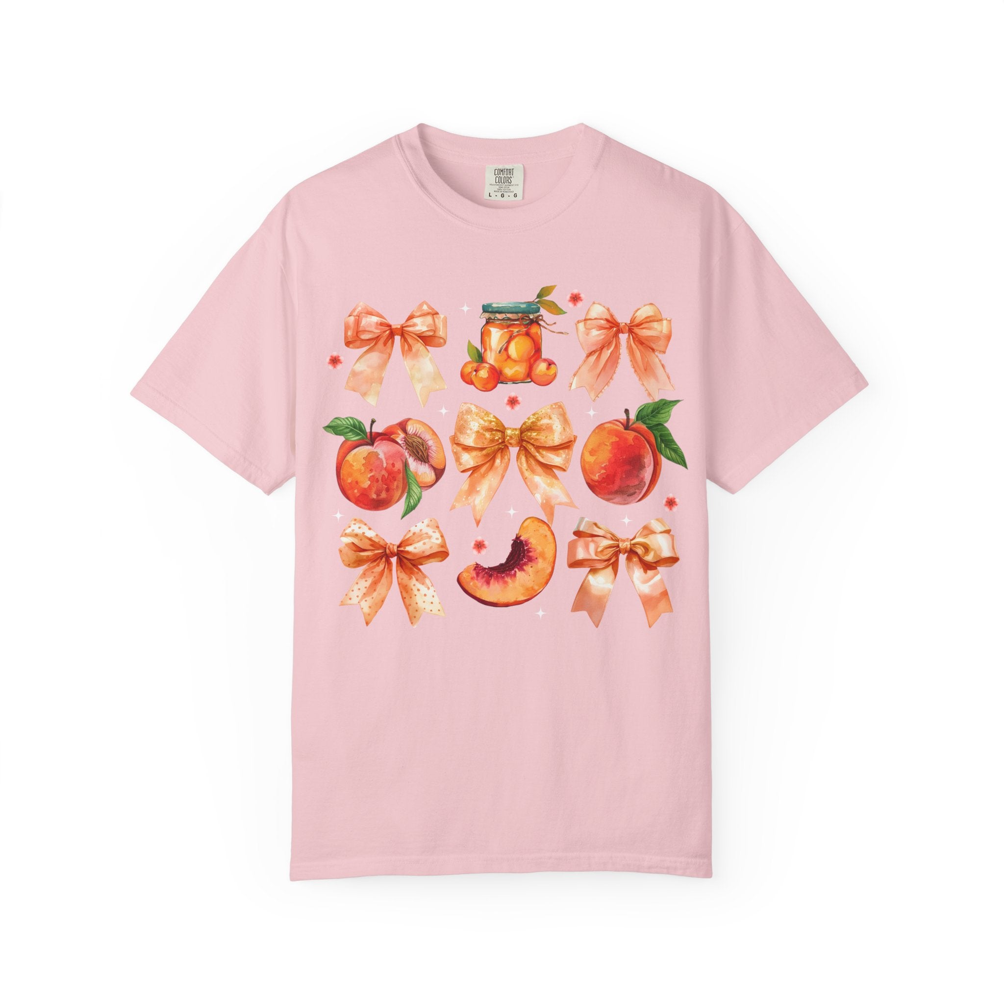 Peach & Bow Graphic T-Shirt — Watercolor Fruit Design