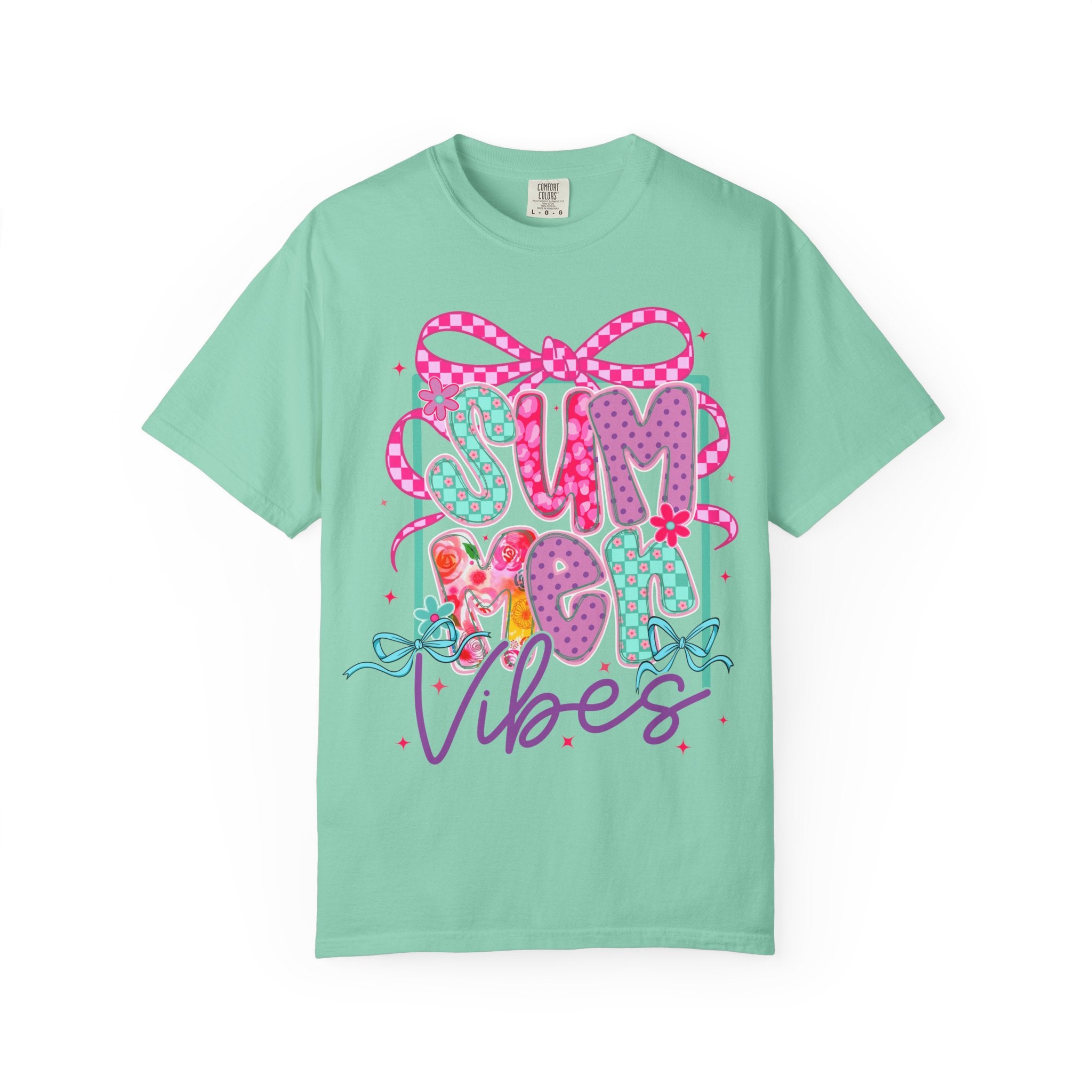 Summertime Vibes T-shirt | Colorful Floral Lettering, Bow & Ribbons