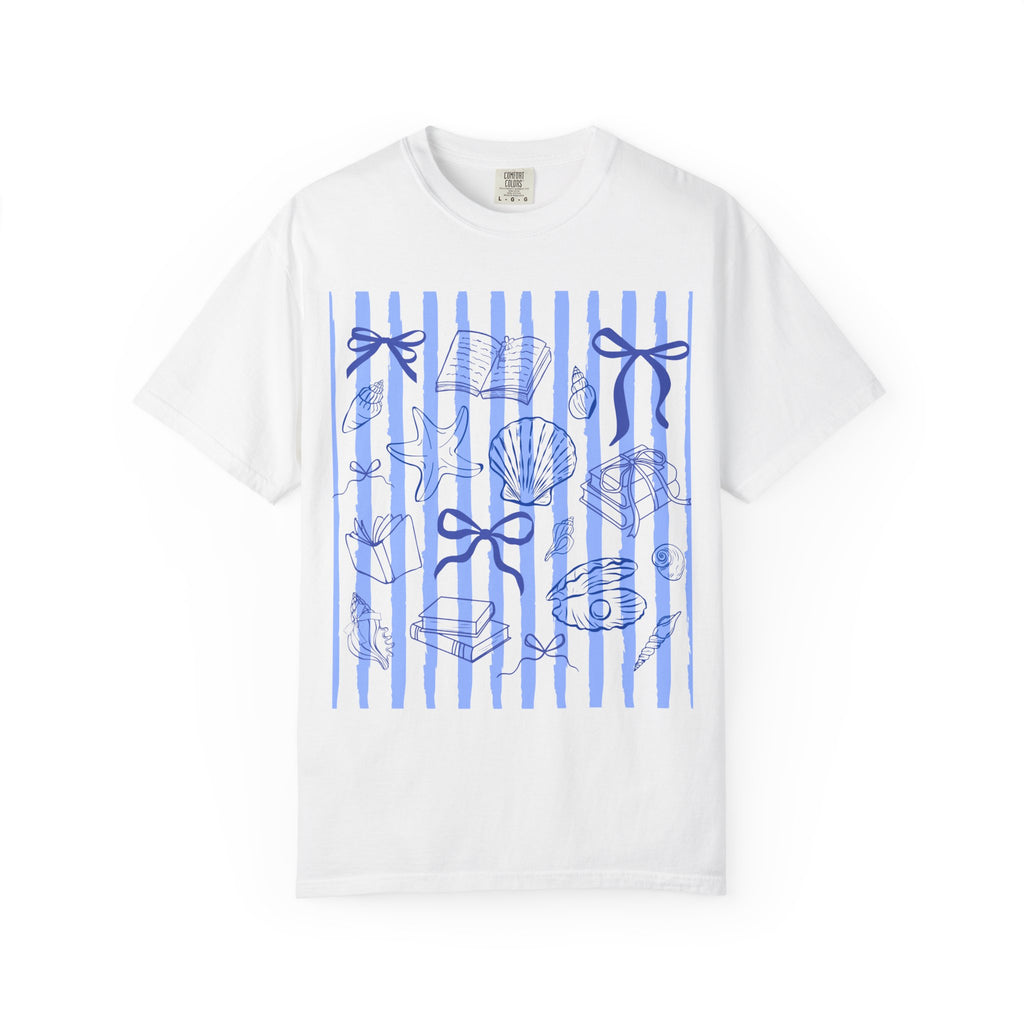 Nautical Seashell Stripe T-Shirt — Blue Bow & Shell Graphic