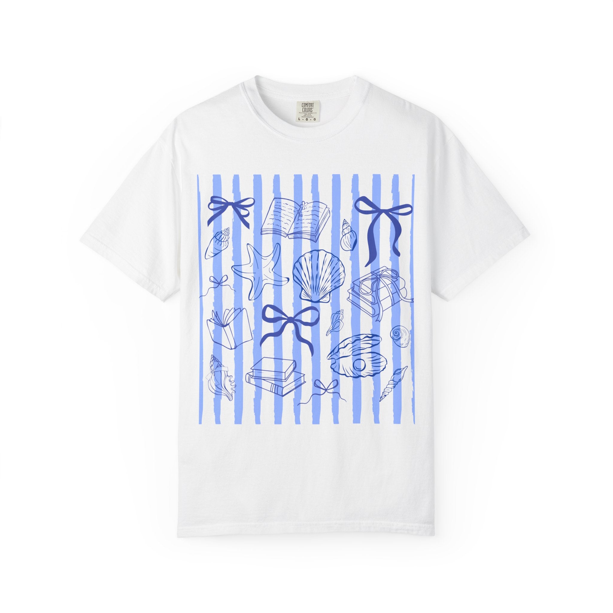 Nautical Seashell Stripe T-Shirt — Blue Bow & Shell Graphic