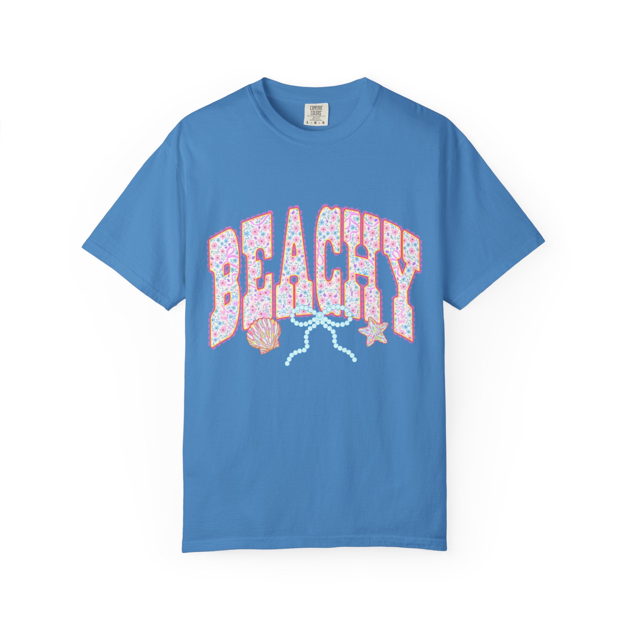 Beachy Floral Text T-Shirt | Seashells, Starfish, Pastel Retro Letters